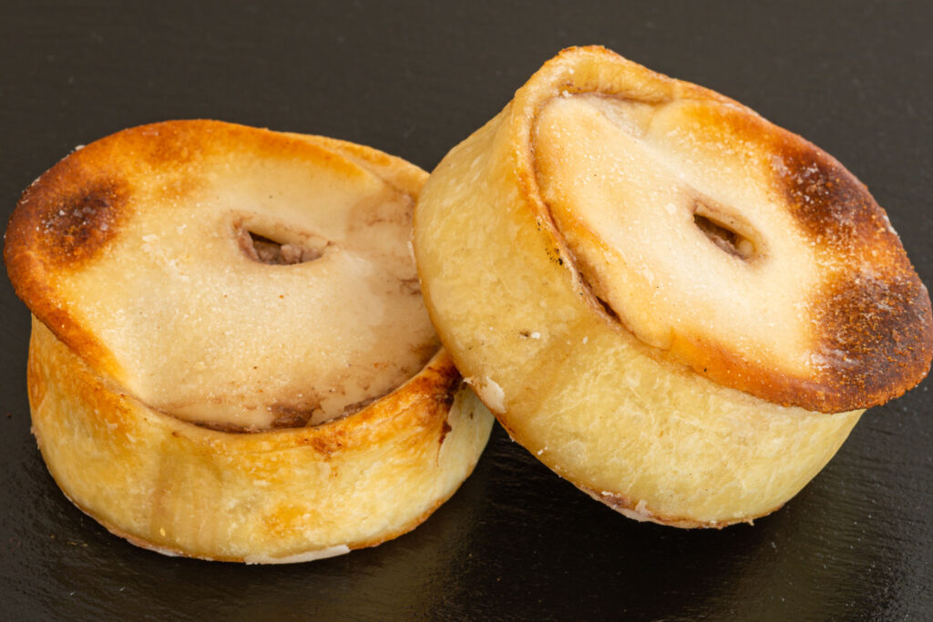 Two round Scotch Pies just out of the oven