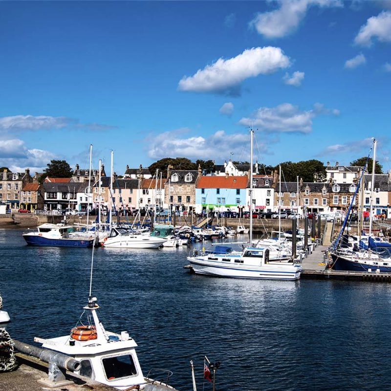 The harbour in Anstruther Scotland on a sunny day