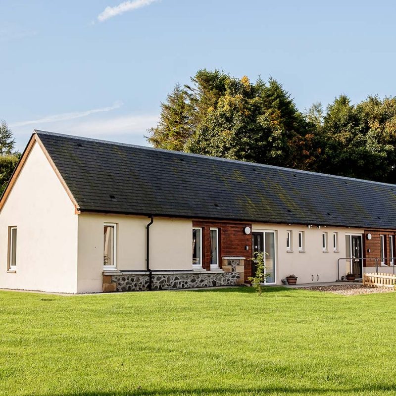 The exterior of one of the lodges as Elderburn Luxury Lodges in Fife