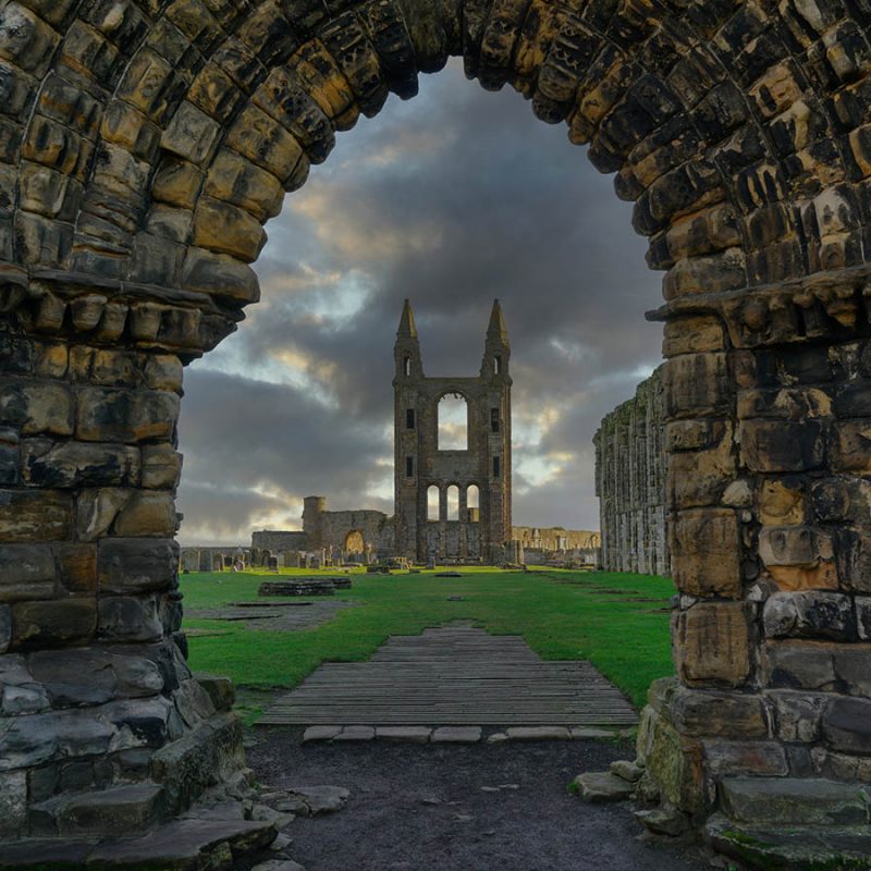 The ruins of St Andrews Cathedral and its graveyard in St Andrews Scotland