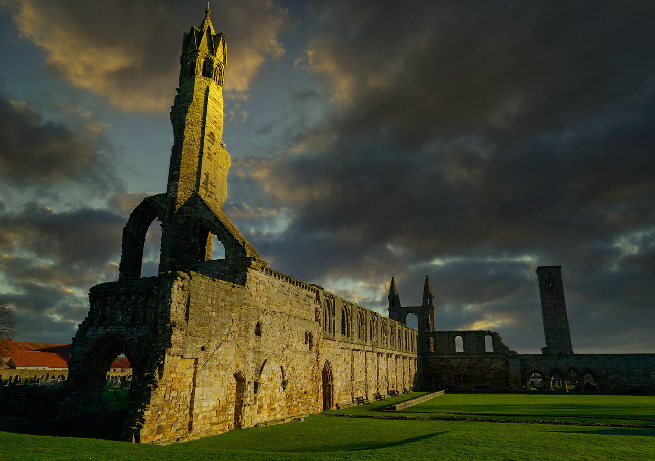 The old Abbey in St Andrews in Scotland on a dark moody day
