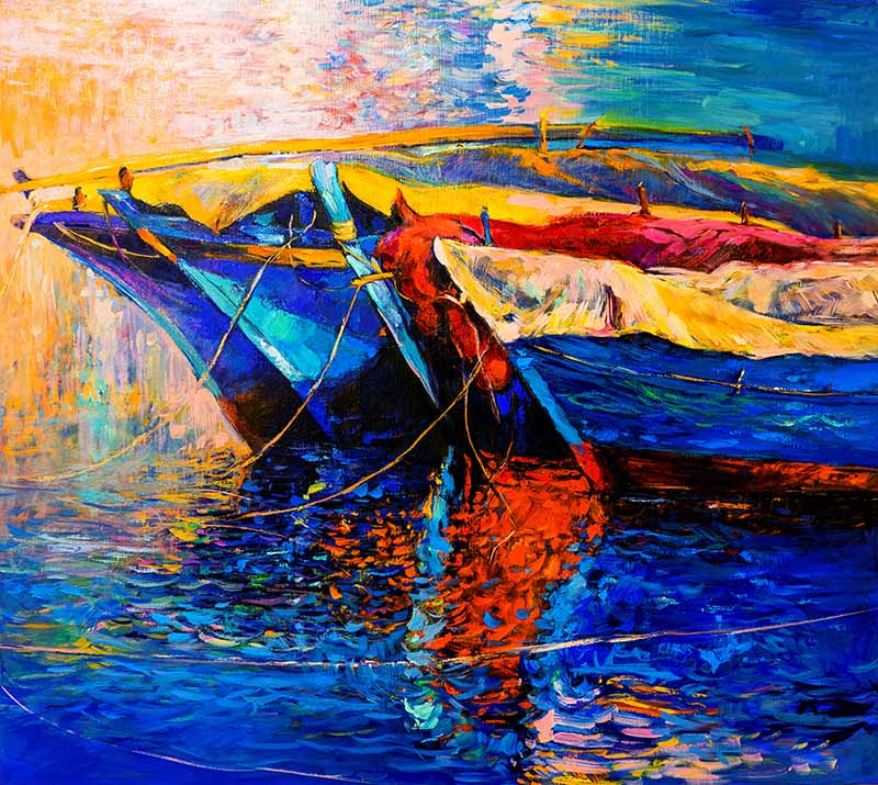Painting of boats and sea