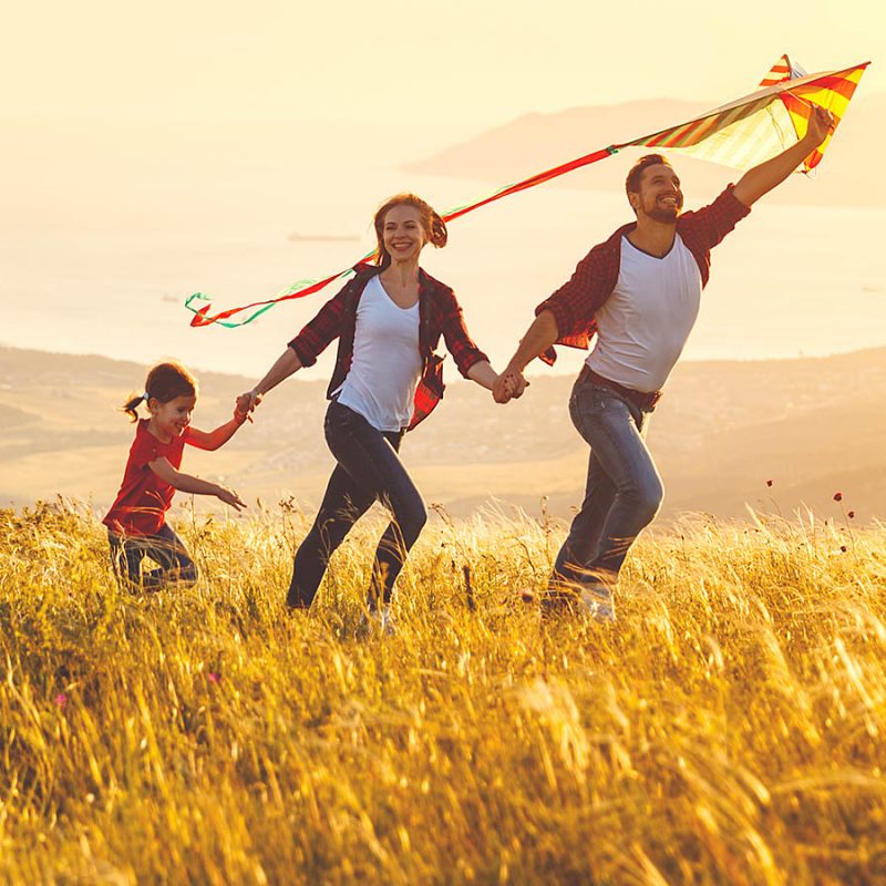 A family flying a kite in the evening sunset