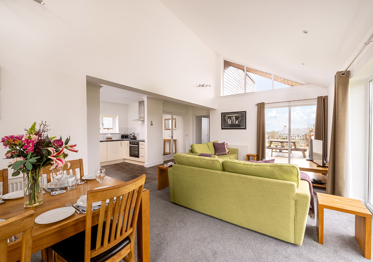 The open plan living space in Lodge 2 at Elderburn Luxury Lodges
