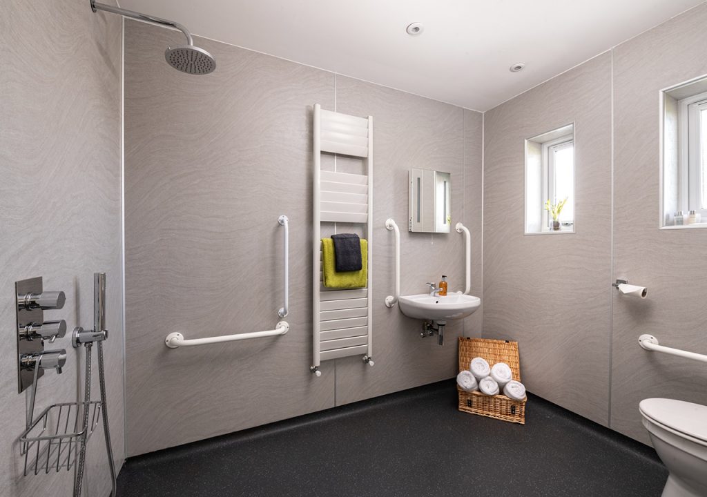 The accessible bathroom wet room in the accessible Lodge 6 at Elderburn Luxury Lodges