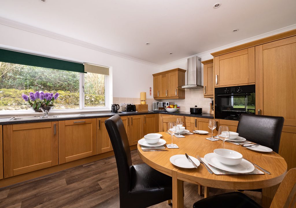 The modern and luxury kitchen in the accessible Lodge 6 at Elderburn Luxury Lodges