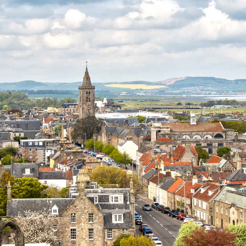 Aerial view over St Andrews in Scotland