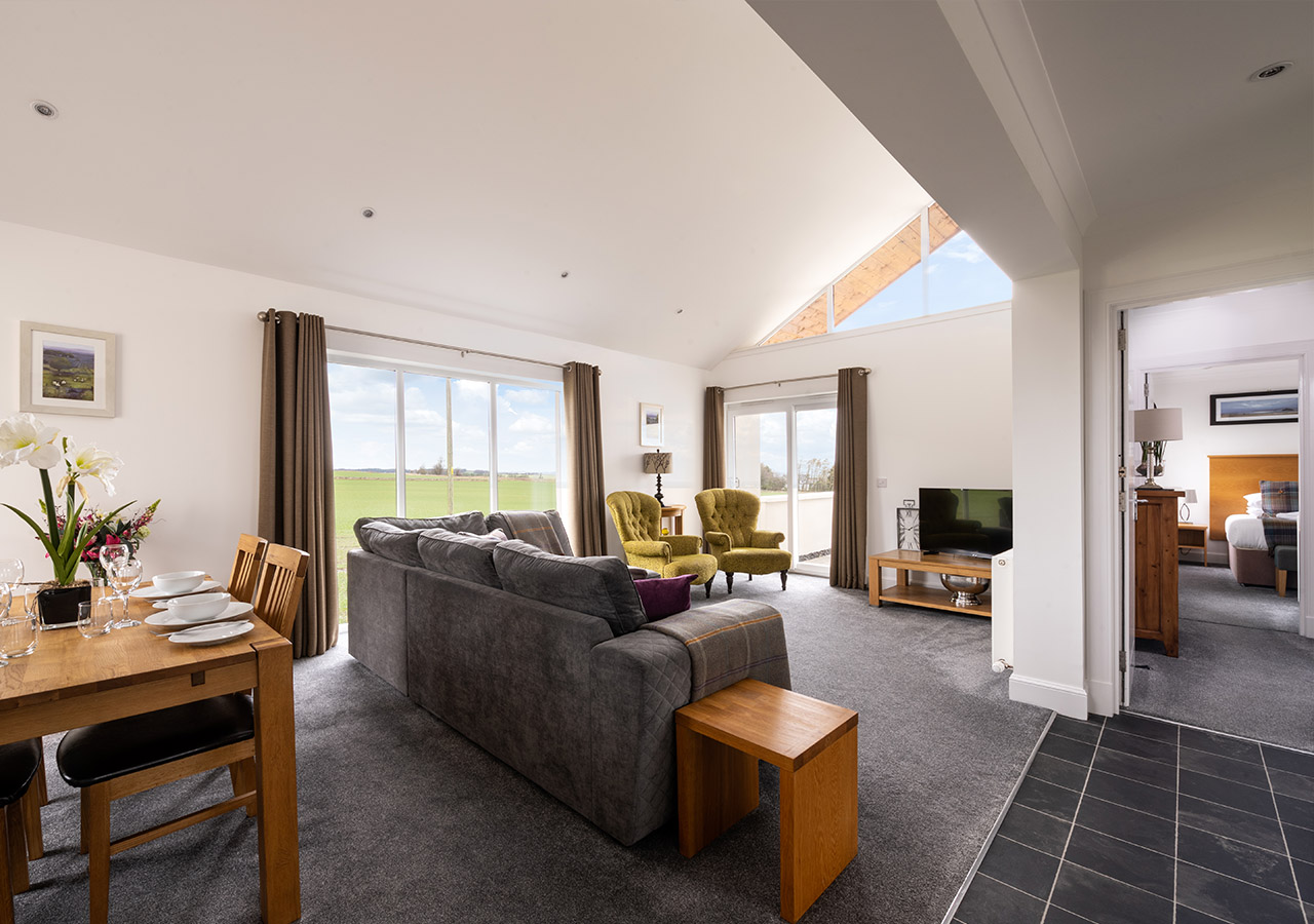 The open plan living Lodge 1 at Elderburn Luxury Lodges